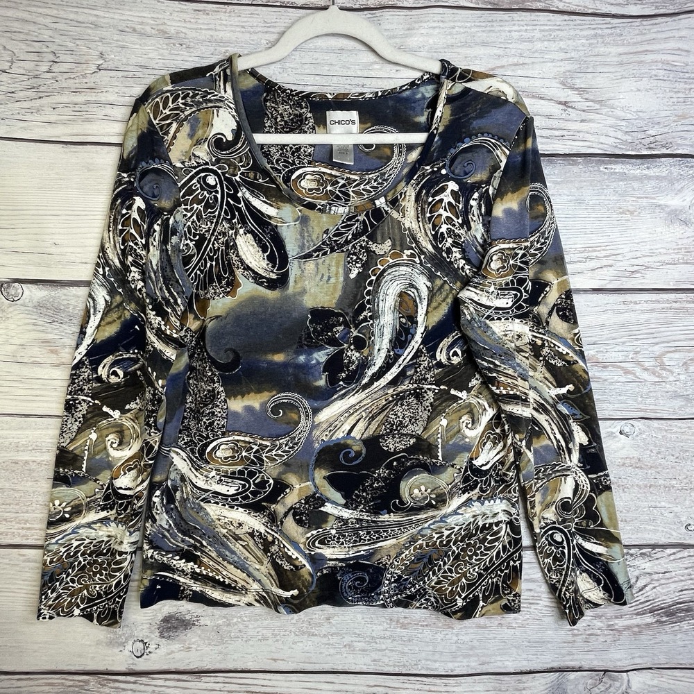 Chico's Top Size Large Paisley Print Stretch Boho‎ Resort Holiday Vacation